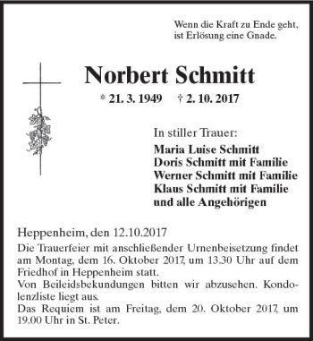 Traueranzeige von Norbert Schmitt von Trauerportal Echo Online