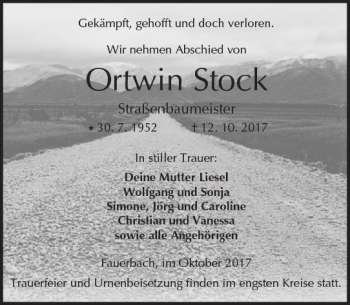 Traueranzeige von Ortwin Stock von  Kreisanzeiger