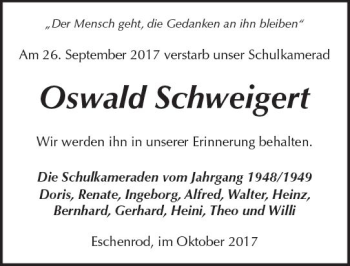 Traueranzeige von Oswald Schweigert von  Kreisanzeiger