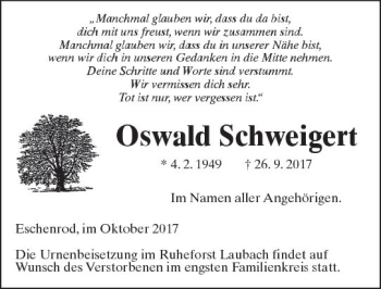 Traueranzeige von Oswald Schweigert von  Kreisanzeiger