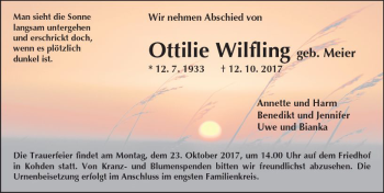 Traueranzeige von Ottilie Wilfling von  Kreisanzeiger