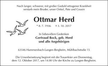 Traueranzeige von Ottmar Herd von  Kreisanzeiger