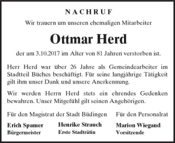 Traueranzeige von Ottmar Herd von  Kreisanzeiger