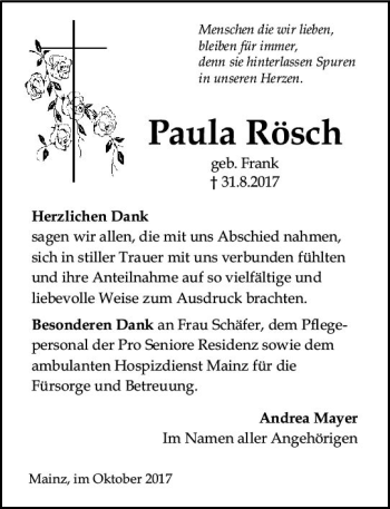 Traueranzeige von Paula Rösch von Trauerportal Rhein Main Presse