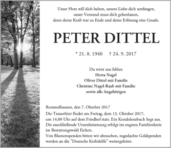 Traueranzeige von Peter Dittel von  Kreisanzeiger