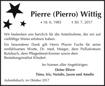 Traueranzeige von Pierre Wittig von  Kreisanzeiger