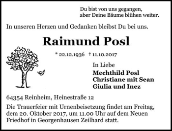 Traueranzeige von Raimund Posl von Trauerportal Echo Online