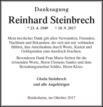 Traueranzeige von Reinhard Steinbrech von Trauerportal Rhein Main Presse