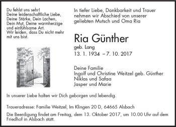 Traueranzeige von Ria Günther von Trauerportal Echo Online