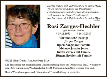 Traueranzeige von Rosi Zarges-Hechler von Trauerportal Echo Online