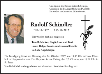 Traueranzeige von Rudolf Schindler von Trauerportal Echo Online