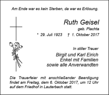 Traueranzeige von Ruth Geisel von VRM Trauer