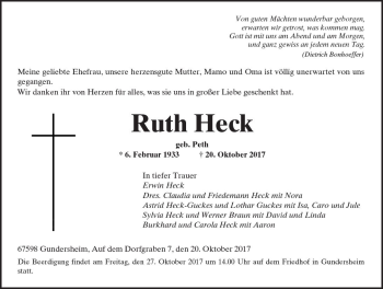 Traueranzeige von Ruth Heck von Trauerportal Rhein Main Presse