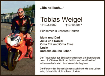 Traueranzeige von Tobias Weigel von Trauerportal Echo Online