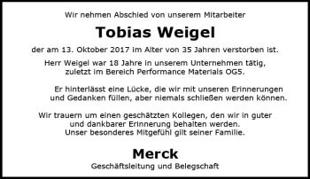 Traueranzeige von Tobias Weigel von Trauerportal Echo Online