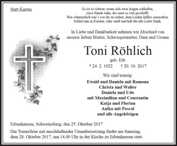 Traueranzeige von Toni Röhlich von VRM Trauer