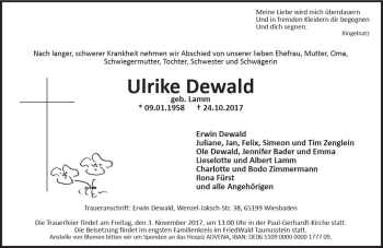 Traueranzeige von Ulrike Dewald von Trauerportal Rhein Main Presse