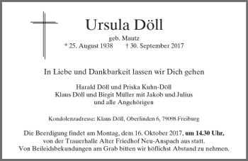 Traueranzeige von Ursula Döll von  Usinger Anzeiger