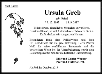 Traueranzeige von Ursula Greb von VRM Trauer
