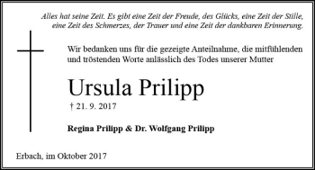 Traueranzeige von Ursula Prilipp von Trauerportal Echo Online