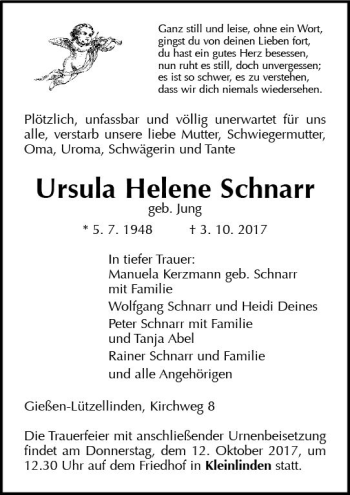 Traueranzeige von Ursula Helene Schnarr von  Gießener Anzeiger