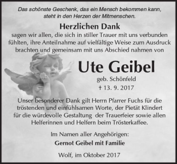 Traueranzeige von Ute Geibel von  Kreisanzeiger