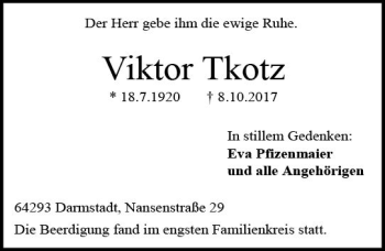 Traueranzeige von Viktor Tkotz von Trauerportal Echo Online