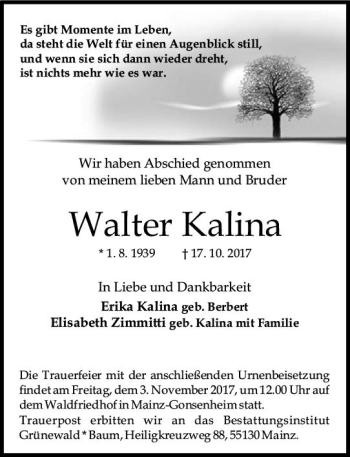 Traueranzeige von Walter Kalina von Trauerportal Rhein Main Presse
