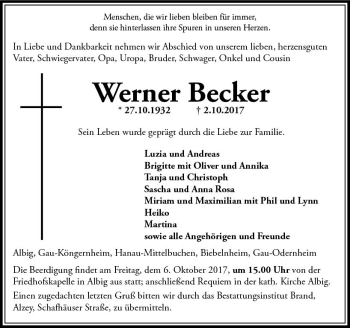 Traueranzeige von Werner Becker von Trauerportal Rhein Main Presse