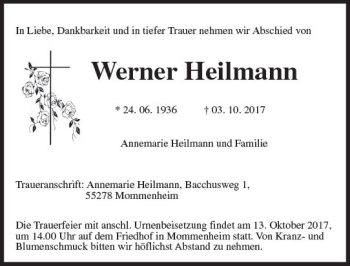 Traueranzeige von Werner Heilmann von Trauerportal Rhein Main Presse
