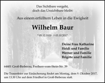Traueranzeige von Wilhelm Baur von Trauerportal Echo Online
