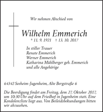 Traueranzeige von Wilhelm Emmerich von Trauerportal Echo Online
