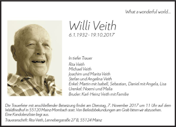 Traueranzeige von Willi Veith von Trauerportal Rhein Main Presse