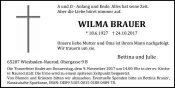 Traueranzeige von Wilma Brauer von Trauerportal Rhein Main Presse