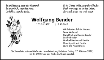 Traueranzeige von Wolfgang Bender von  Gießener Anzeiger