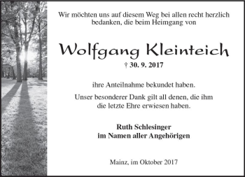 Traueranzeige von Wolfgang Kleinteich von Trauerportal Rhein Main Presse