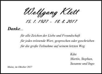 Traueranzeige von Wolfgang Klett von Trauerportal Rhein Main Presse