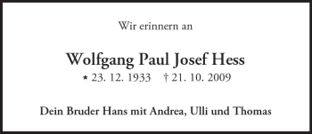 Traueranzeige von Wolfgang Paul Josef Hess von Trauerportal Echo Online
