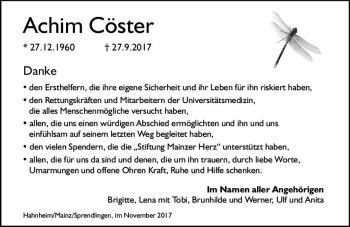 Traueranzeige von Achim Cöster von Trauerportal Rhein Main Presse