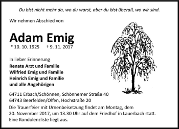 Traueranzeige von Adam Emig von Trauerportal Echo Online