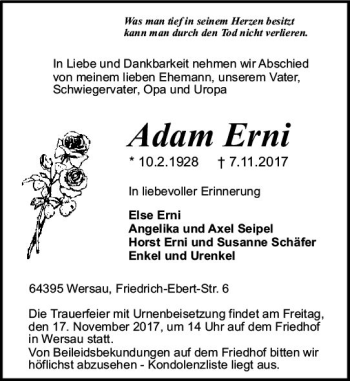 Traueranzeige von Adam Erni von Trauerportal Echo Online