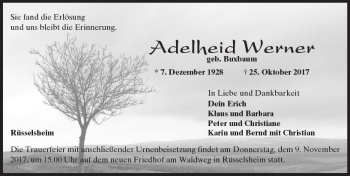 Traueranzeige von Adelheid Werner von Trauerportal Rhein Main Presse