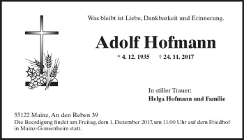 Traueranzeige von Adolf Hofmann von Trauerportal Rhein Main Presse