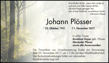 Traueranzeige von Alexander Plösser von Trauerportal Echo Online