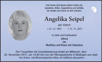 Traueranzeige von Angelika Seipel von  Kreisanzeiger