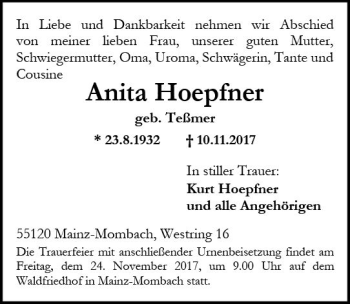 Traueranzeige von Anita Höpfner von Trauerportal Rhein Main Presse