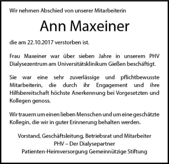 Traueranzeige von Ann Maxeiner von  Gießener Anzeiger