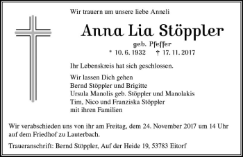 Traueranzeige von Anna Lia Stöppler von VRM Trauer