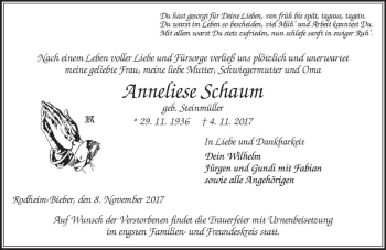 Traueranzeige von Anneliese Schaum von  Gießener Anzeiger