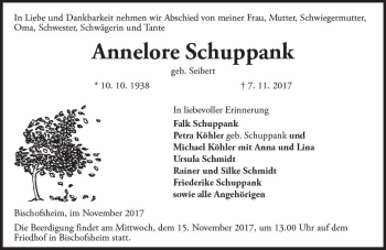 Traueranzeige von Annelore Schuppank von Trauerportal Rhein Main Presse